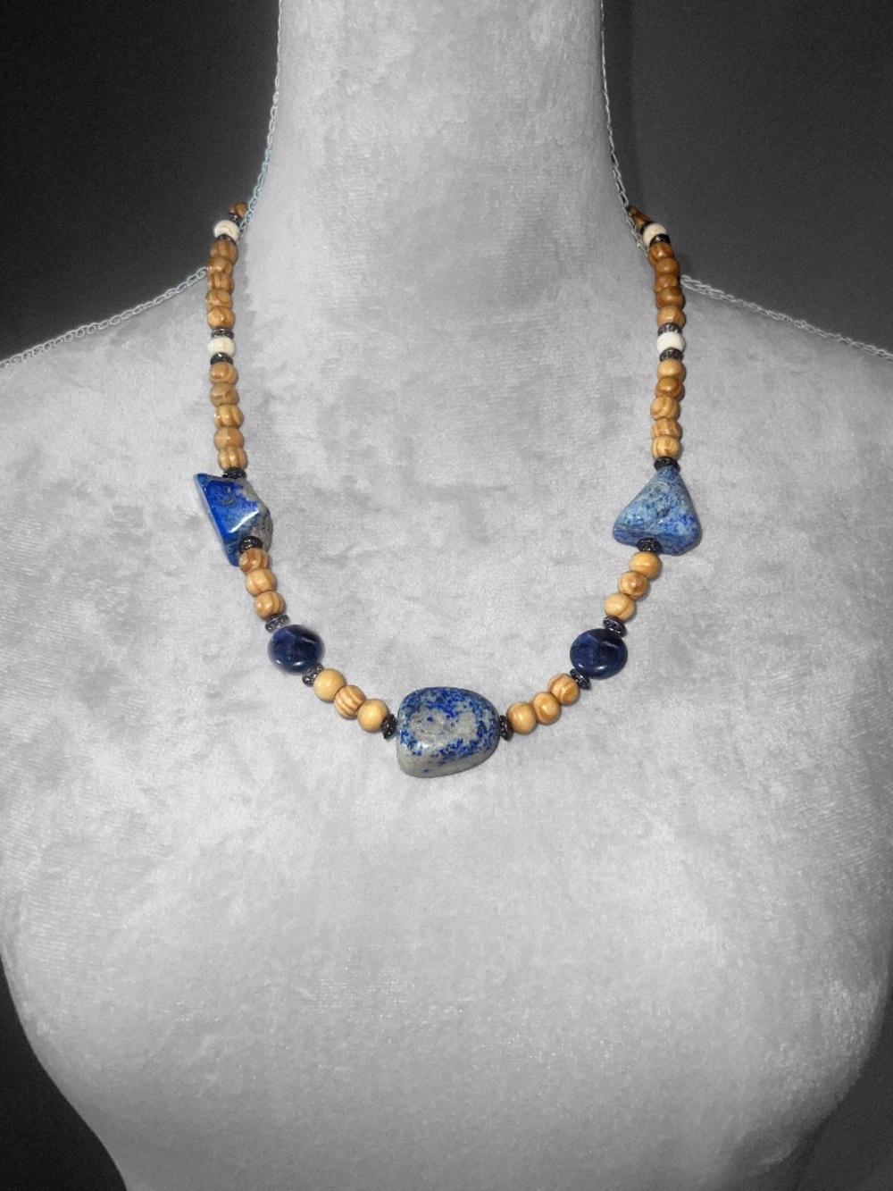 Blonde Wood & Sodalite Beaded Necklace